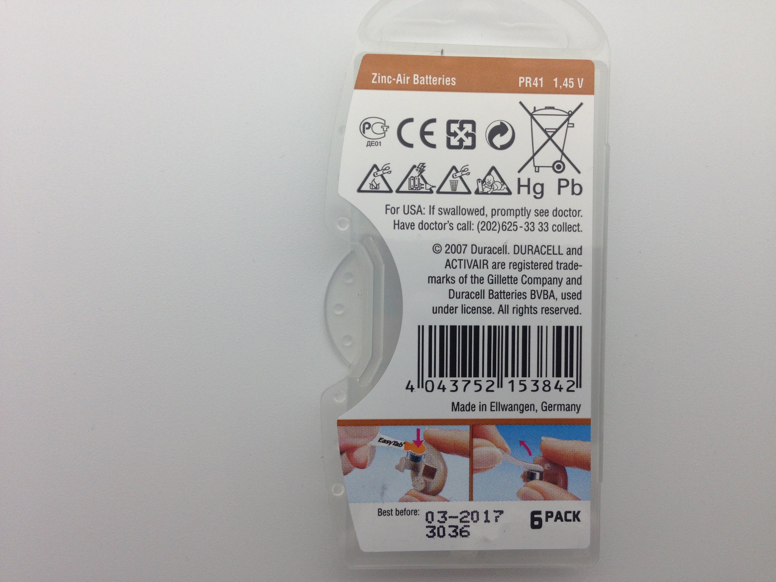 Duracell 312, PR41, 1.45V baterii auditive blister 6 pentru aparate auditive