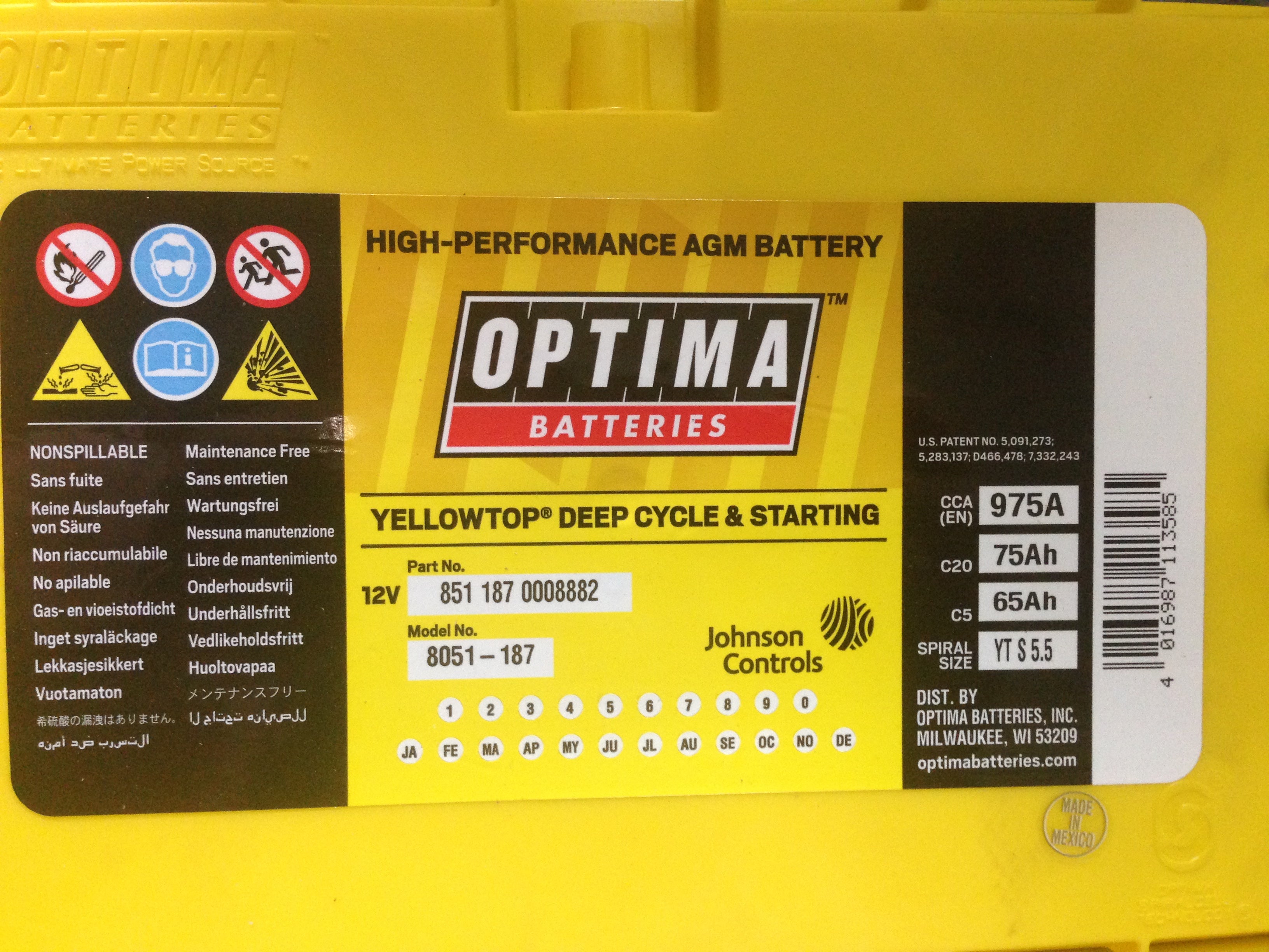 Baterie auto Optima Yellow TOP 12V 75Ah 975A YT S5,5 AGM DEEP Cycle&Starting cod 851187 0008882