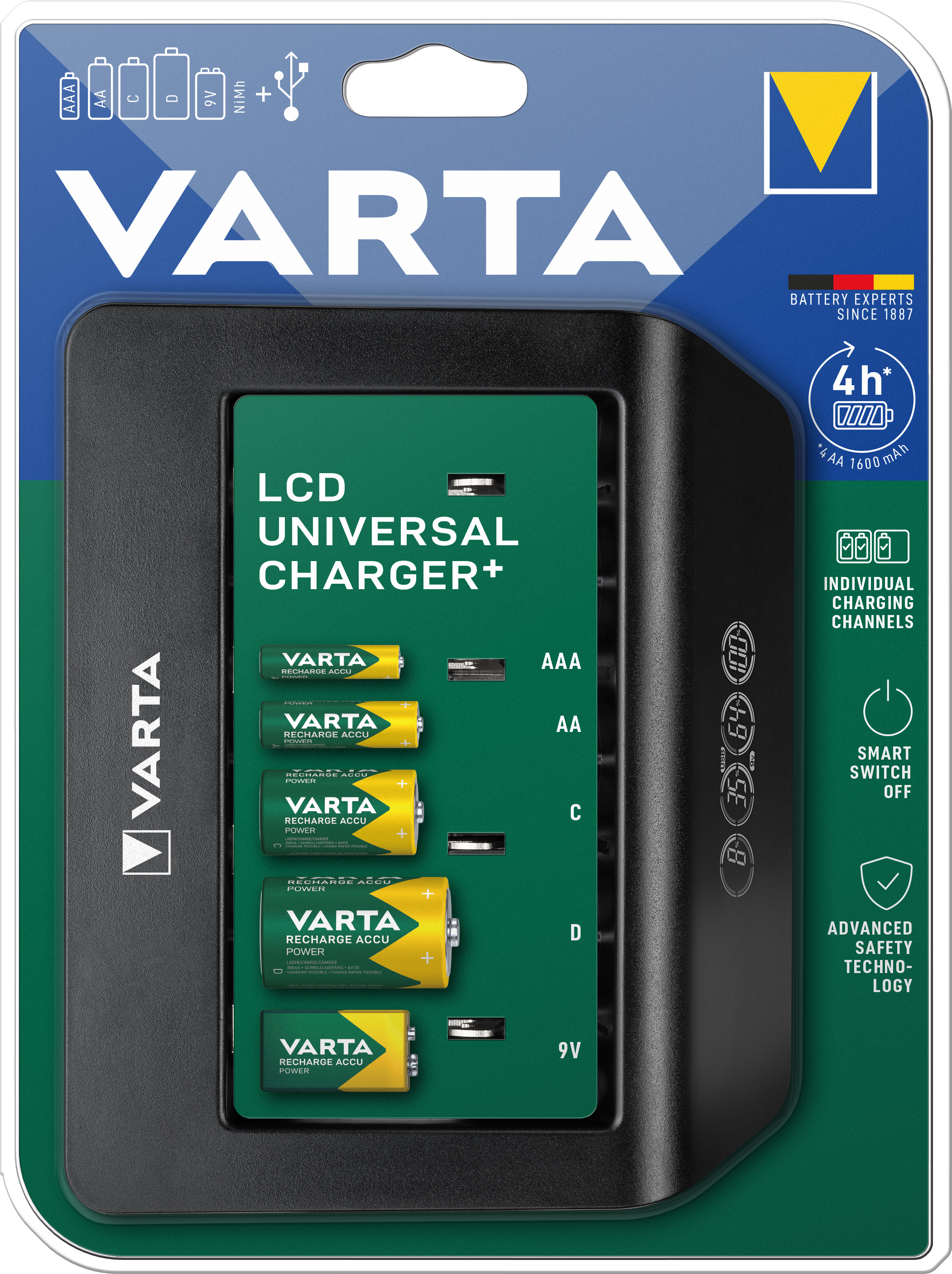 Incarcator Varta LCD universal Ni-Mh pentru C, D, 9V, AAA, AA si USB cod 57688 101 401